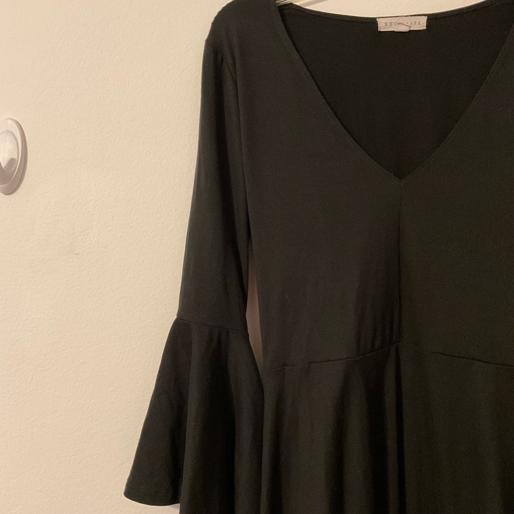 Black V-Neck Bell Sleeve Mini Dress